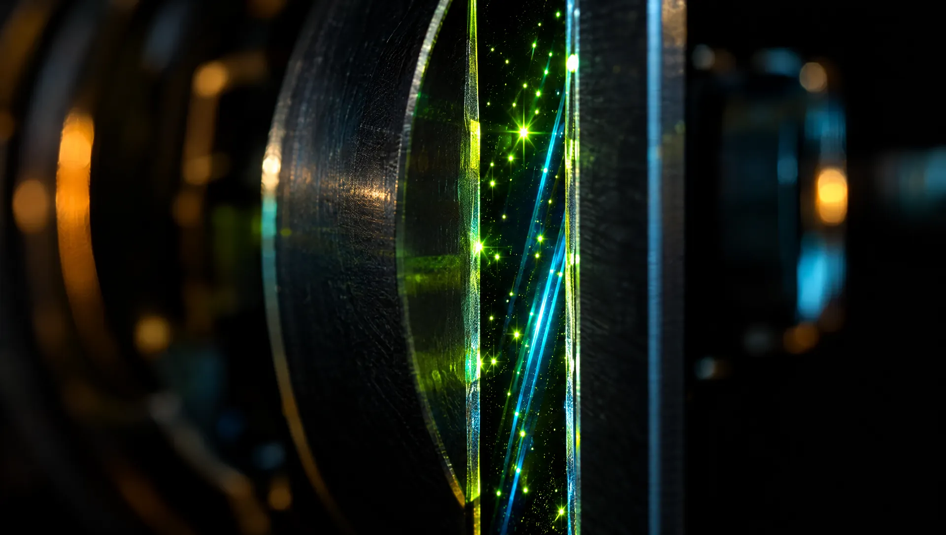 Illustration: the edge of an observatory slit with lime stars and cyan streaks in the narrow opening