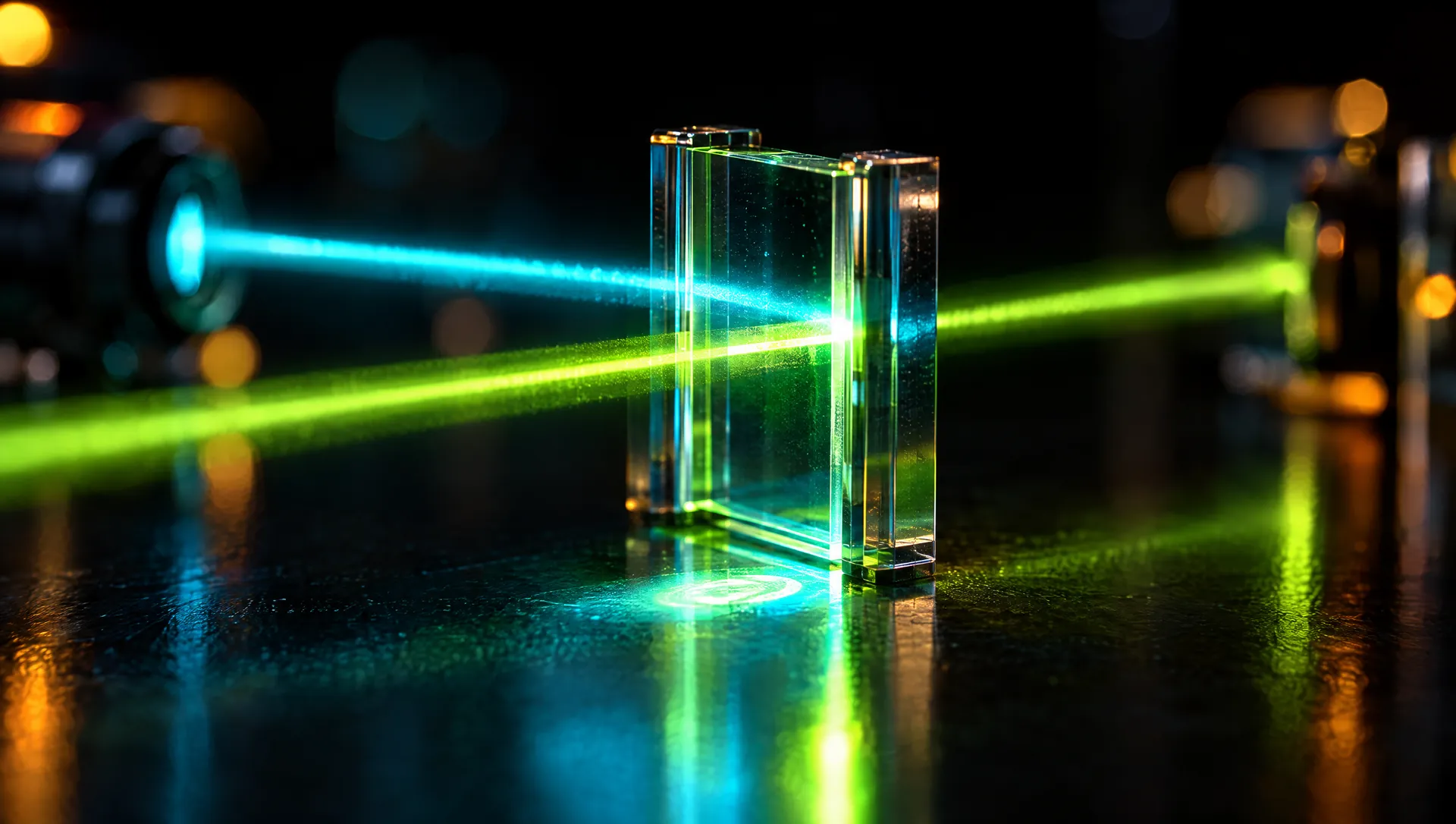 Illustration: a cyan inspection beam crossing a lime path at a small glass gate, a glow below