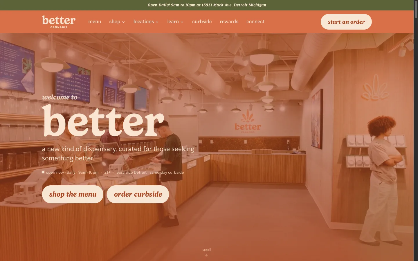 Better Cannabis website: The homepage: a curated vibe picker (break, daytime, studio, lounge, social) over a live deals rail pulled straight from inventory