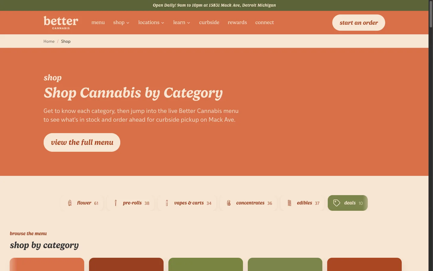 Better Cannabis website: The shop-by-category landing page: flower, pre-rolls, vapes, edibles and concentrates