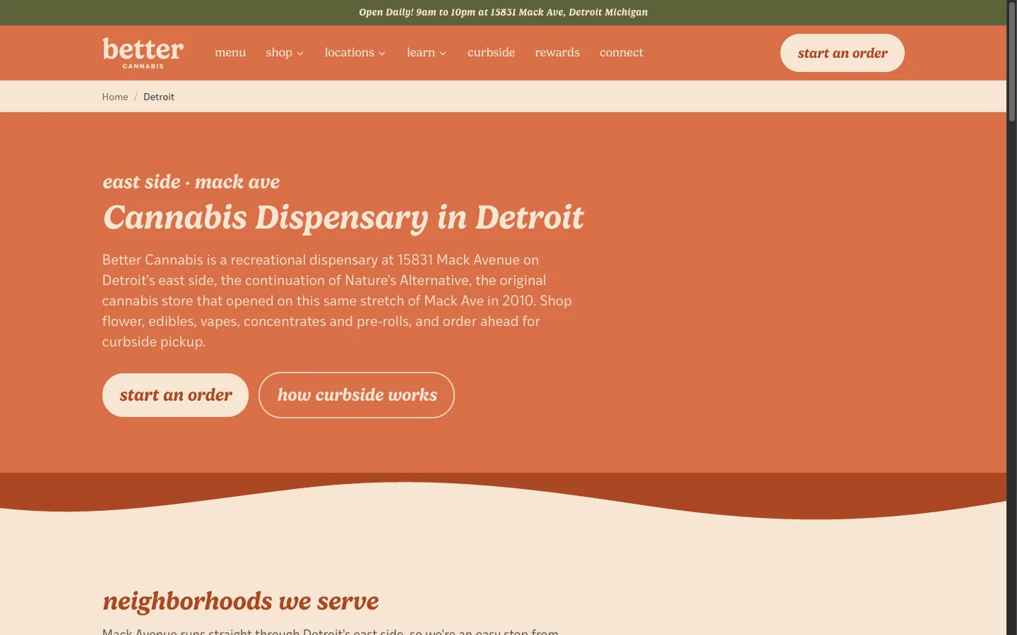Better Cannabis website: The Mack Ave location hub, built to reach every east-side neighborhood it serves by name