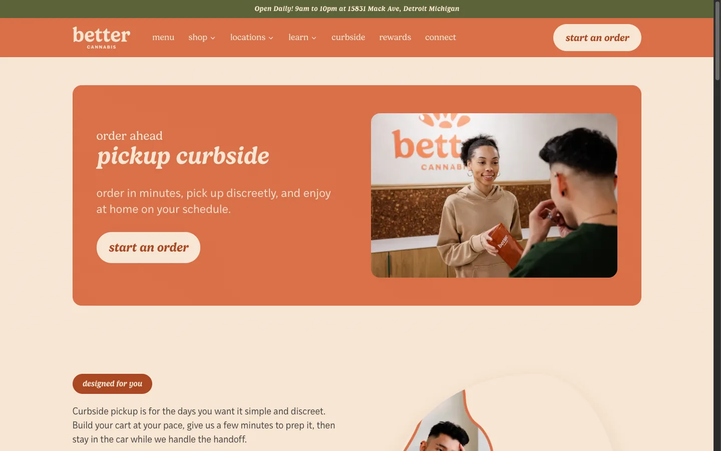 Better Cannabis website: A dedicated curbside pickup page with its own hero and order-ahead flow