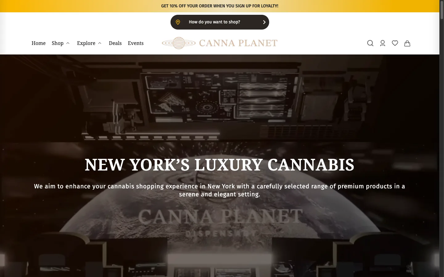 Canna Planet website: The homepage: New York's luxury cannabis over a moody planet-themed backdrop, gated by a black pill store selector