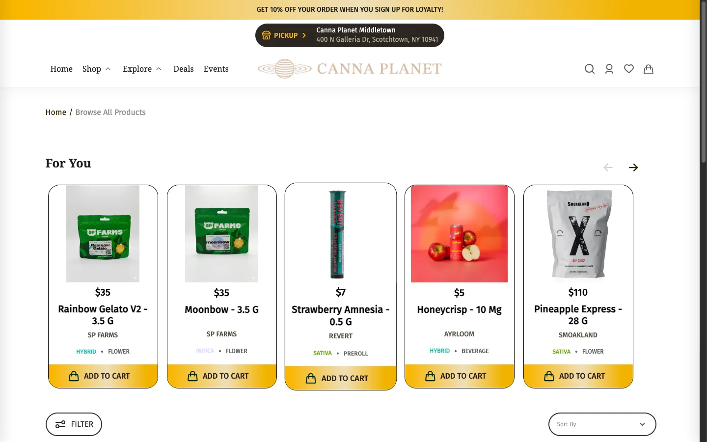 Canna Planet website: The shop grid, live-loading state: Treez inventory populates the instant a store is selected