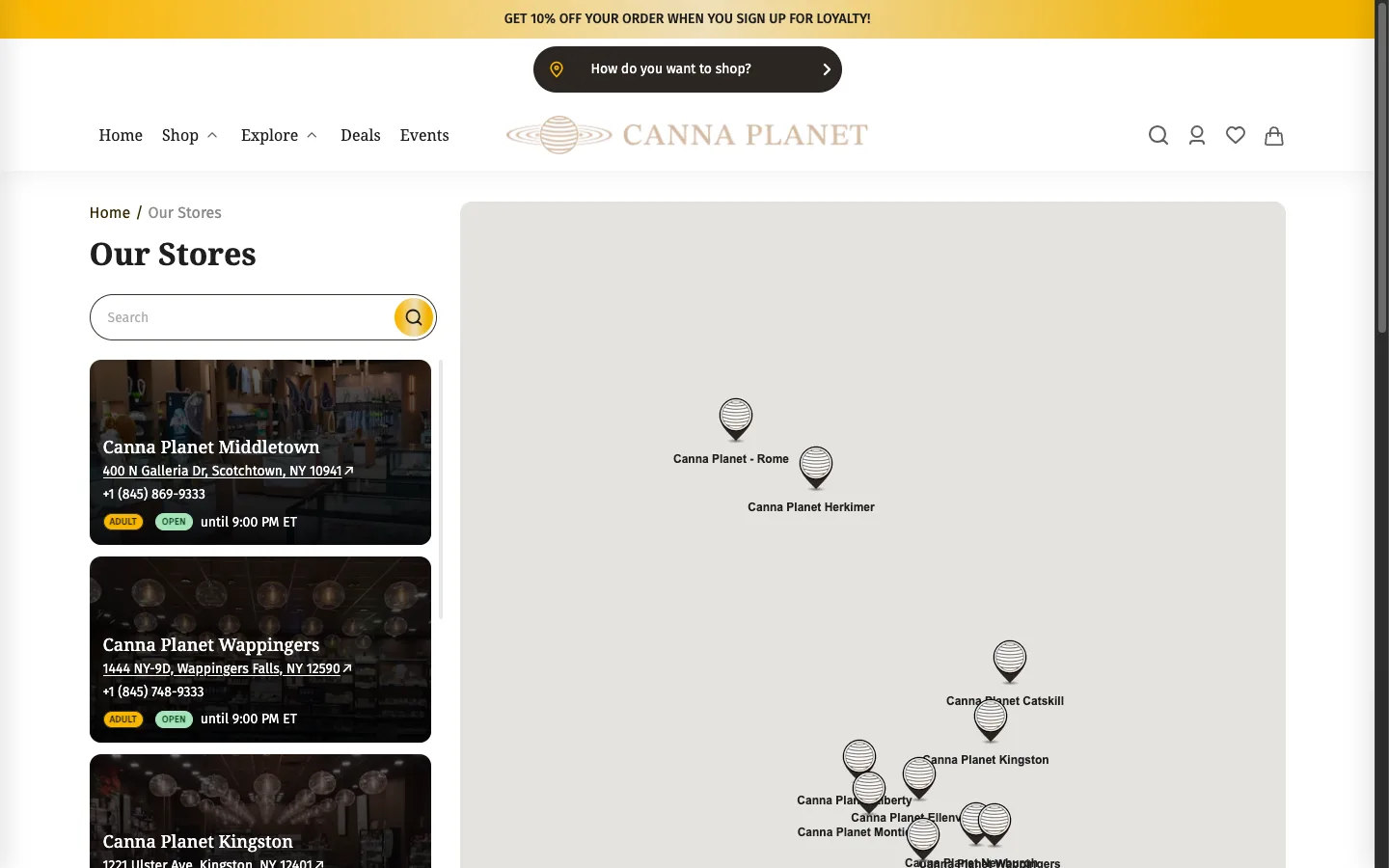 Canna Planet website: The store locator: ten Canna Planet locations across the Hudson Valley and Mohawk Valley, mapped with real addresses and hours