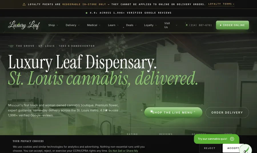 Luxury Leaf website, built by Bud Authority
