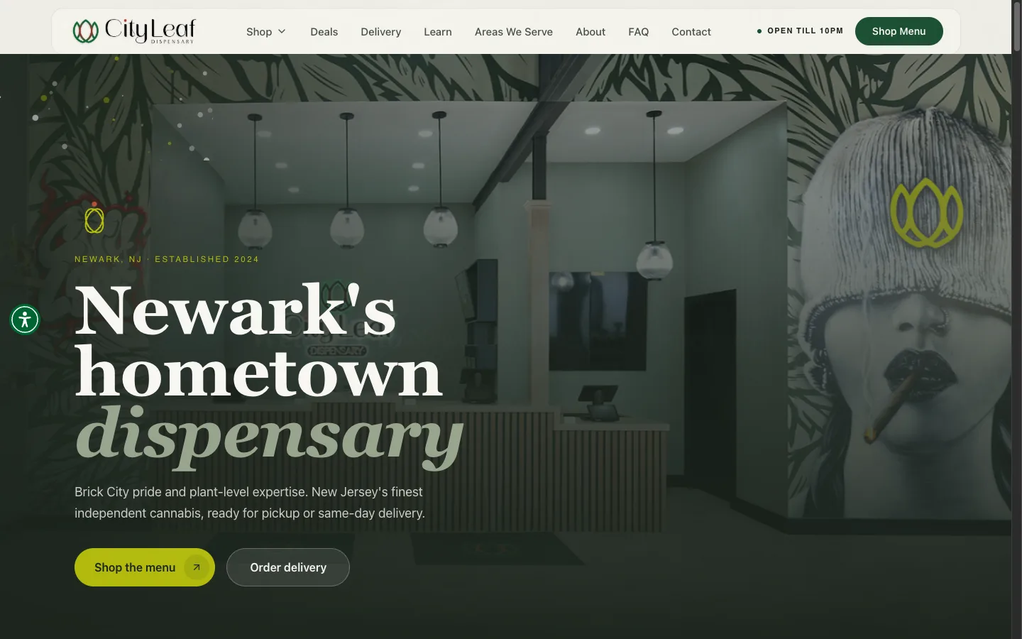 City Leaf Dispensary website: The full-bleed storefront hero on Broadway, with 'Newark, NJ, Established 2024' and dual CTAs for shop and delivery