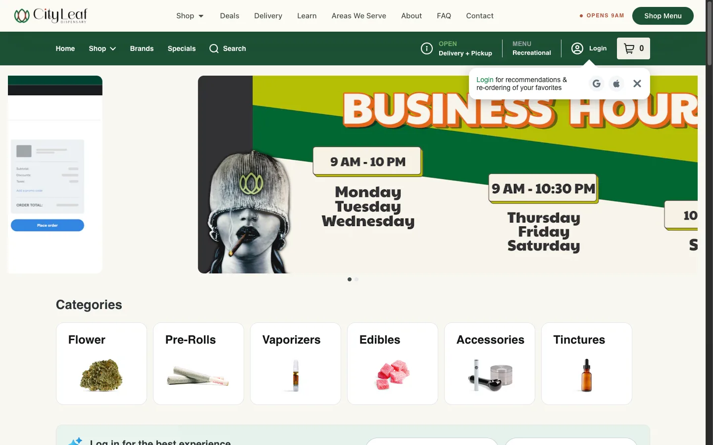 City Leaf Dispensary website: The live branded menu, with real product cards and THC and terpene percentages showing on every tile