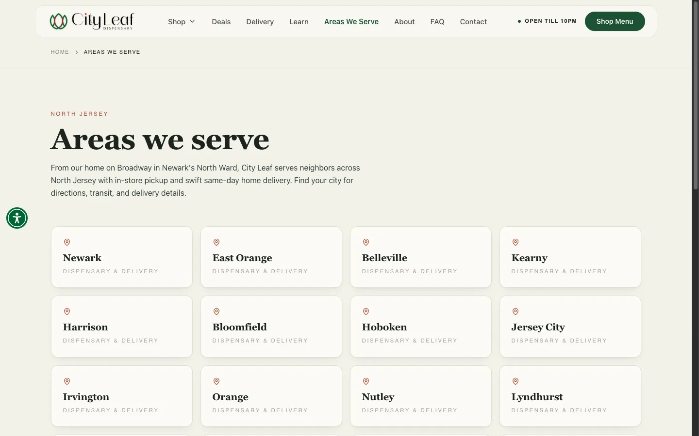 City Leaf Dispensary website: The North Jersey service hub, listing every area City Leaf reaches by name