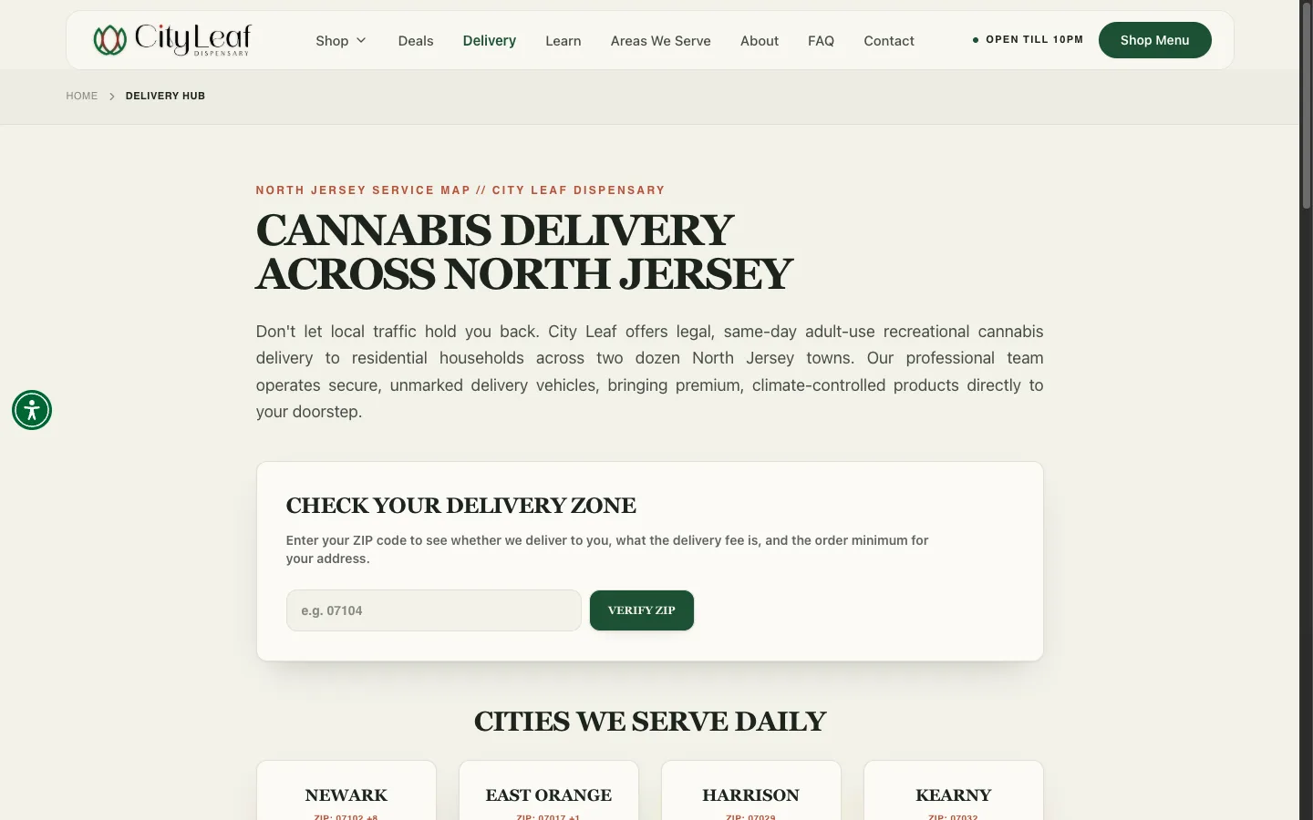 City Leaf Dispensary website: The delivery page, with its own North Jersey service-area map