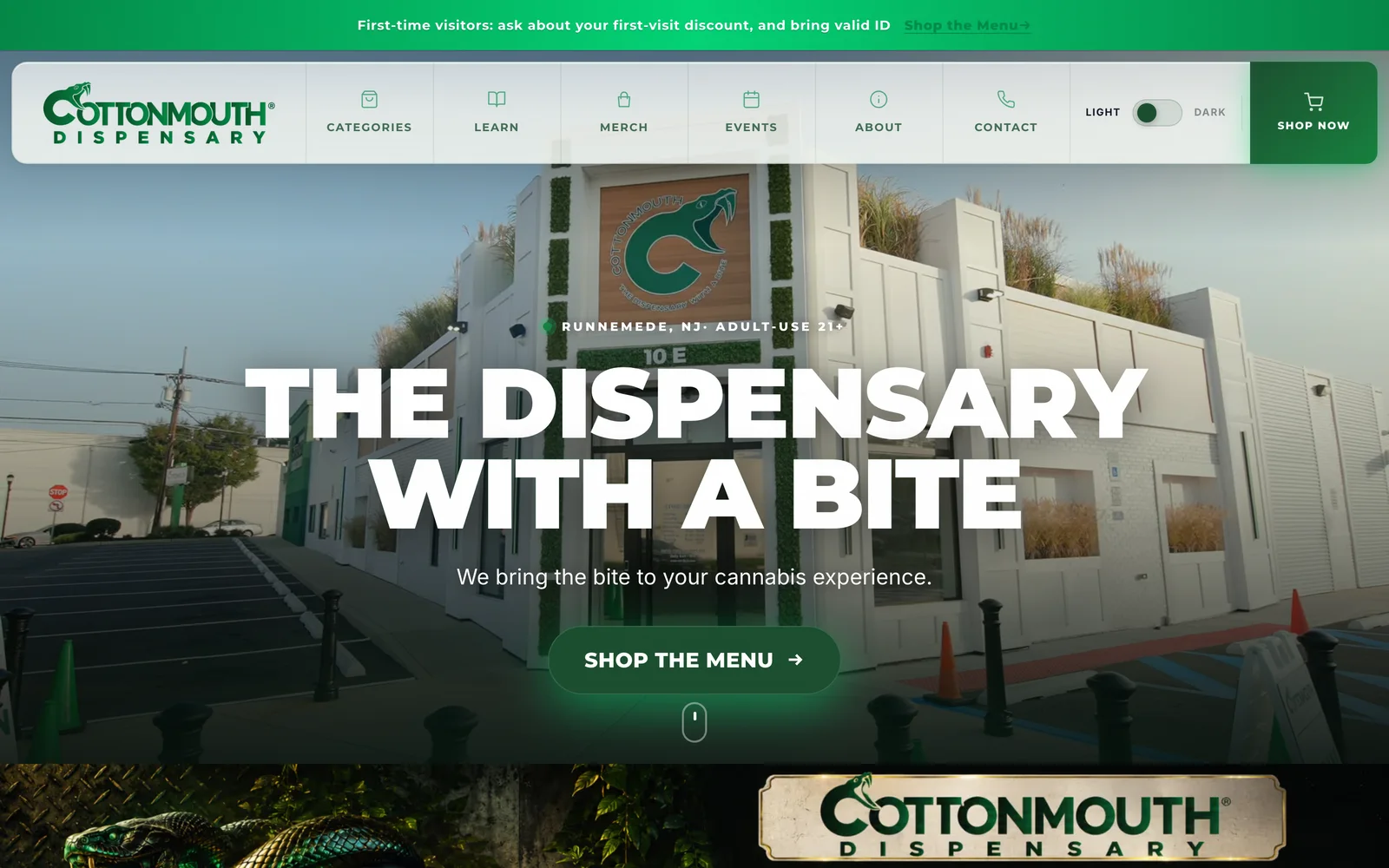 Cottonmouth Dispensary website — The entrance — the storefront, the bite, and the menu, one frame