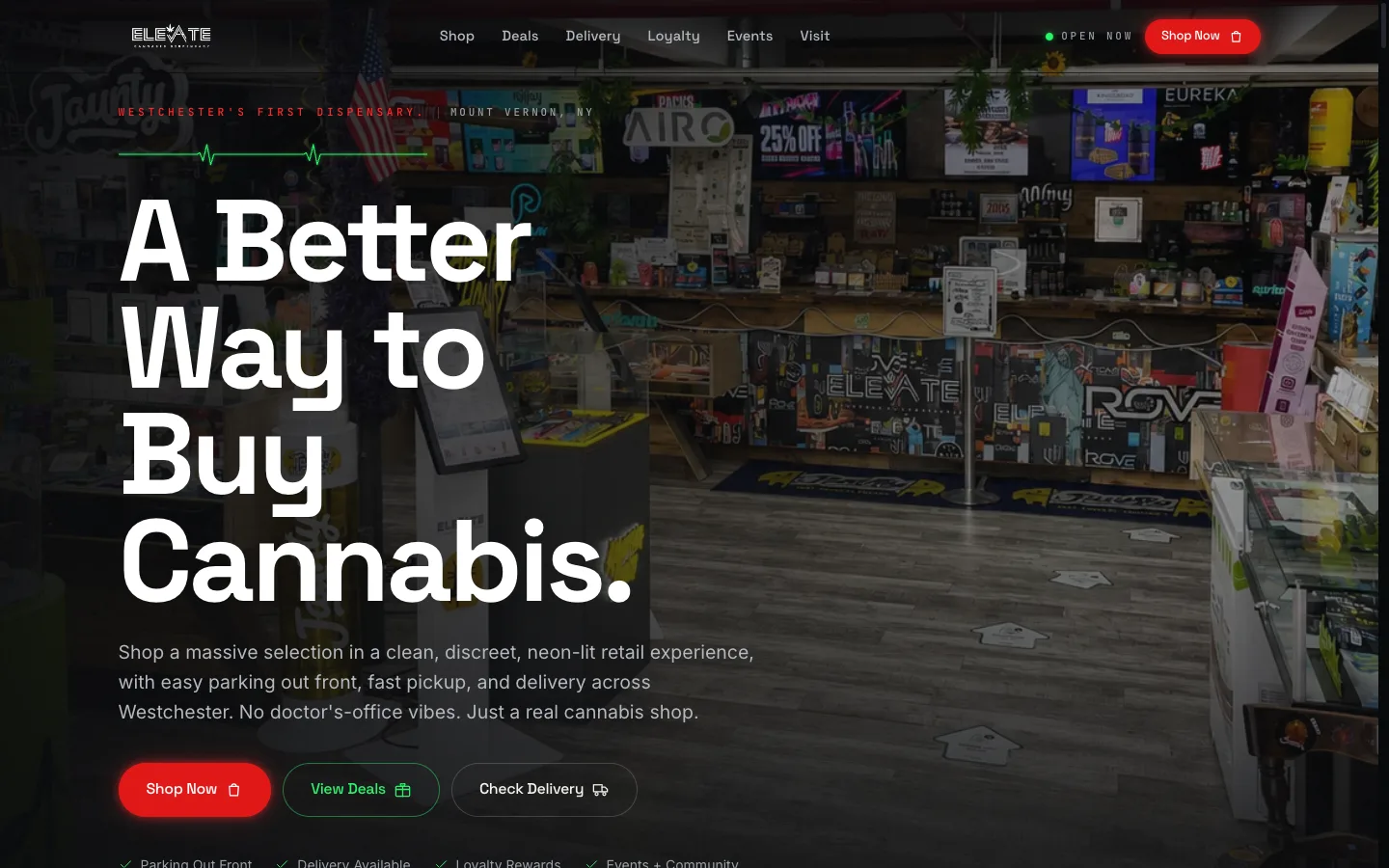 Elevate Cannabis website: The homepage: a glitch-effect ELEVATE wordmark over an in-store retail-wall photo, with Shop, Deals and Delivery CTAs