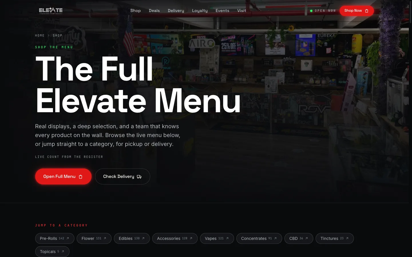 Elevate Cannabis website: The shop hub: live category pills pulled straight from the Dutchie menu, from pre-rolls to topicals