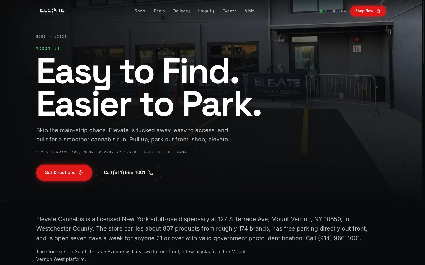 Elevate Cannabis website: The visit page: the Mount Vernon address and free parking lot, settled before the walk in