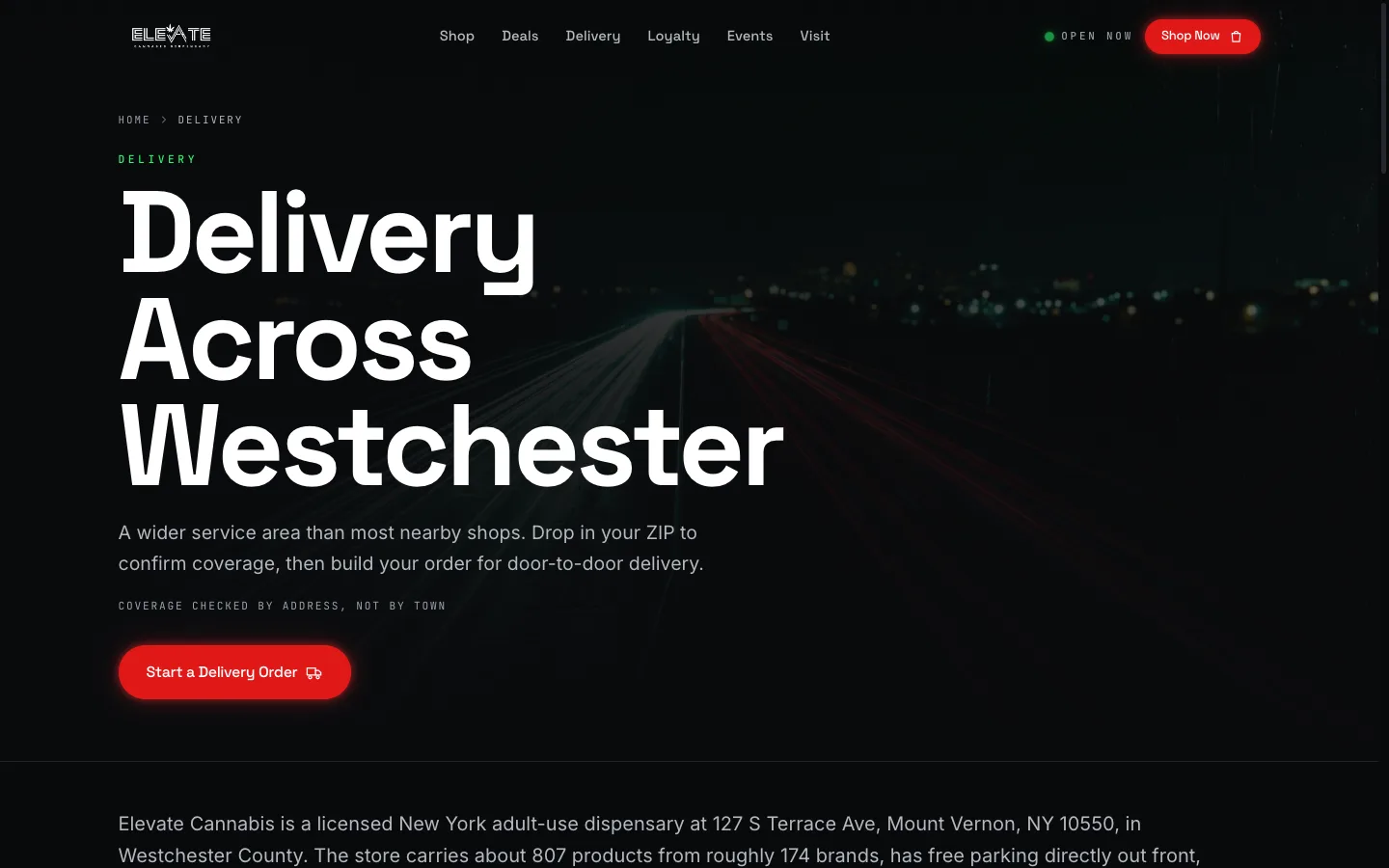 Elevate Cannabis website: The delivery page: ZIP-based Westchester coverage, checked by address instead of by town