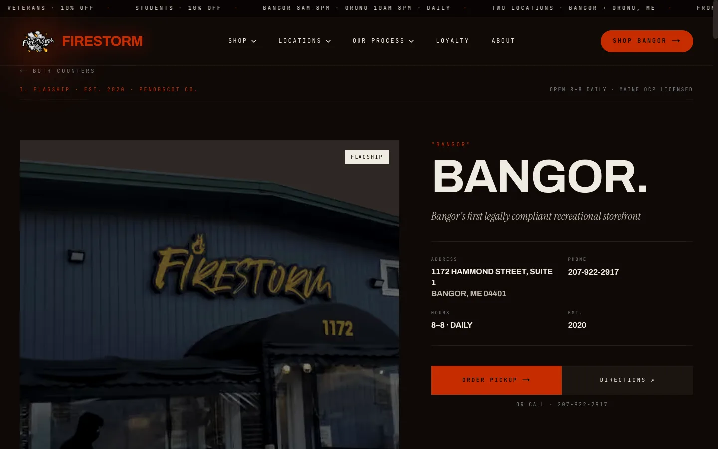 Firestorm Cannabis website: The Bangor location page: the flagship storefront at night, with hours and an established-2020 data table