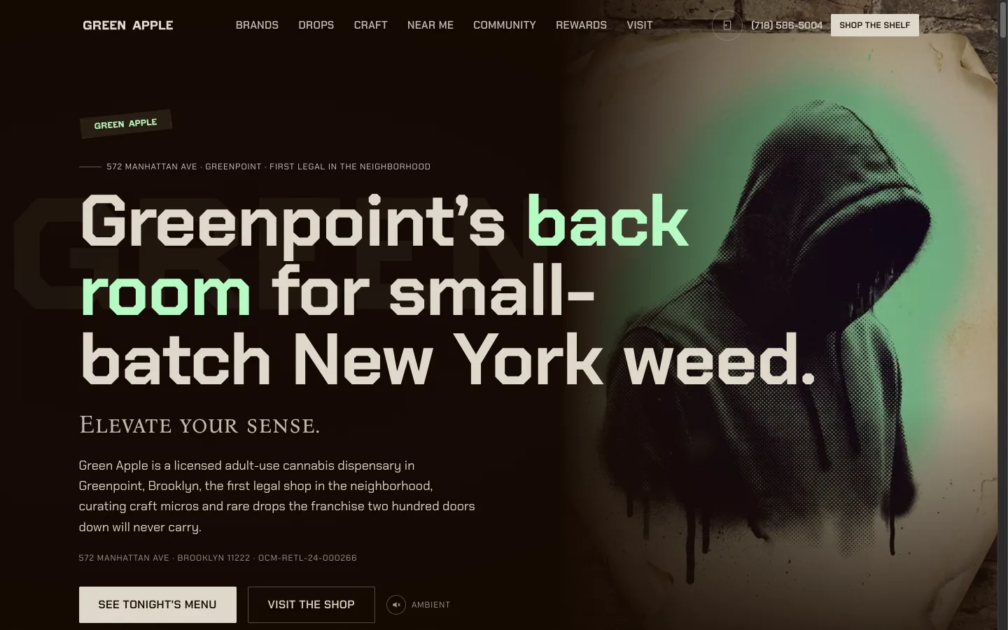 Green Apple website: The speakeasy hero: a hooded graffiti-style figure, a glowing mint 'back room' headline, and an ambient sound toggle