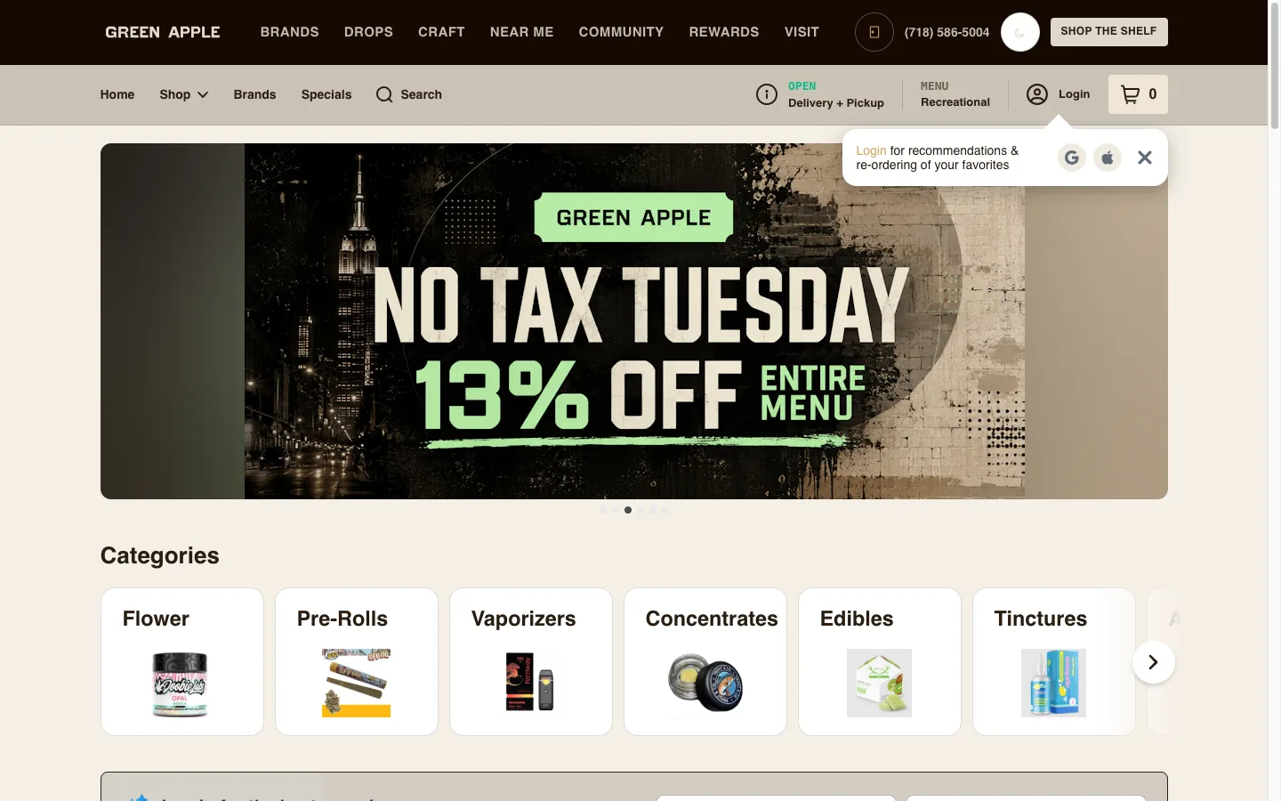 Green Apple website: The branded menu, with a 'No Tax Tuesday' promo banner over an NYC skyline and the full category grid