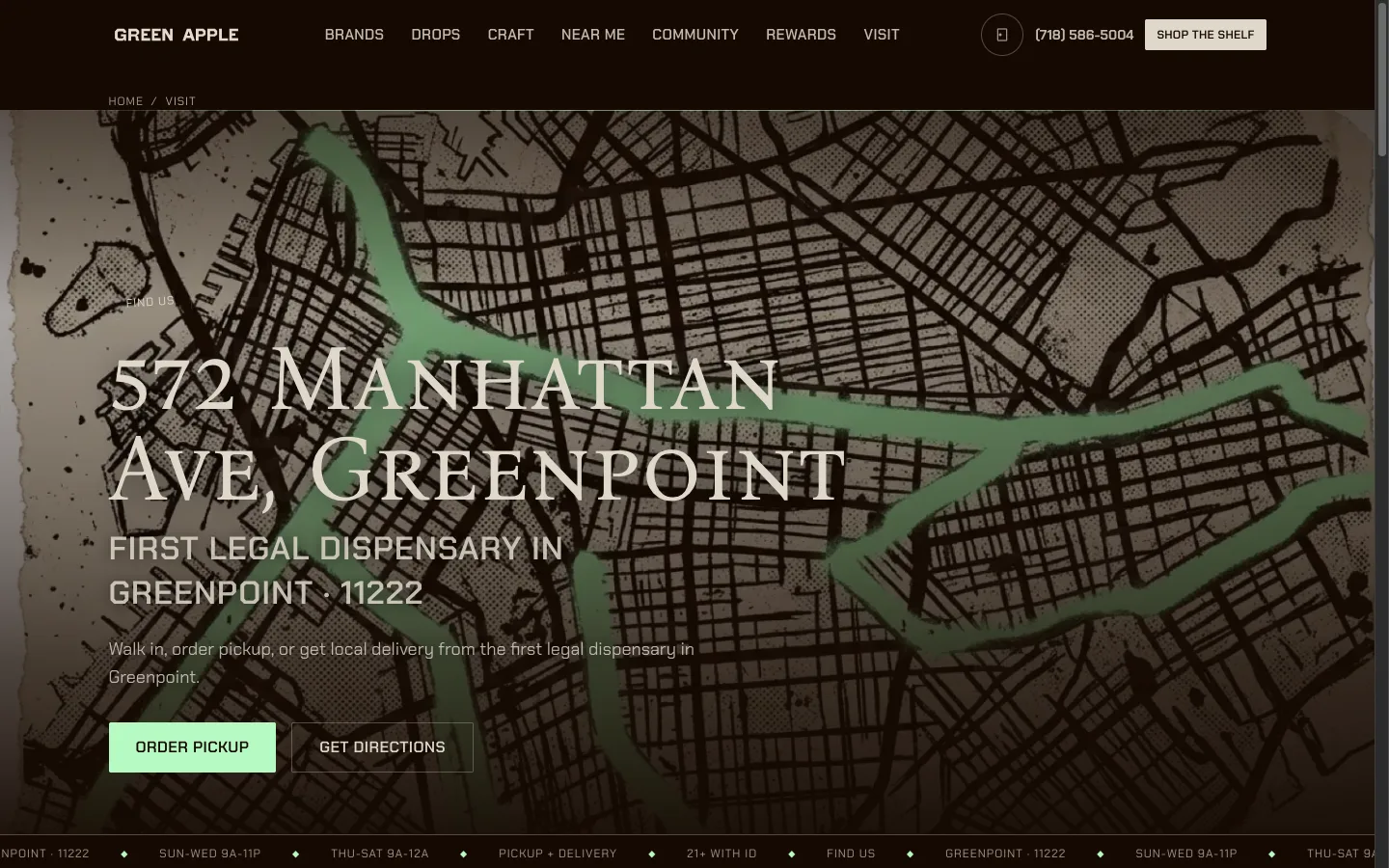 Green Apple website: The Find Us page: 572 Manhattan Ave, Greenpoint, with walk-in, pickup and delivery messaging