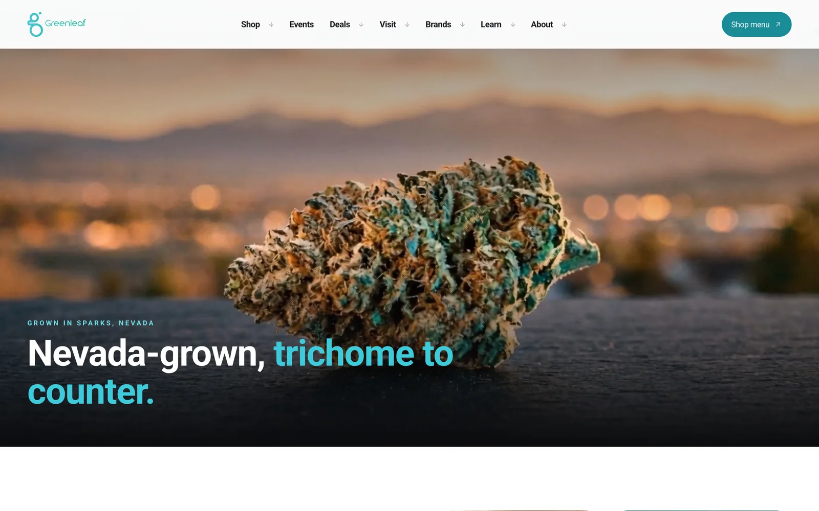Greenleaf Wellness website — Nevada-grown, trichome to counter — sourcing told as a story
