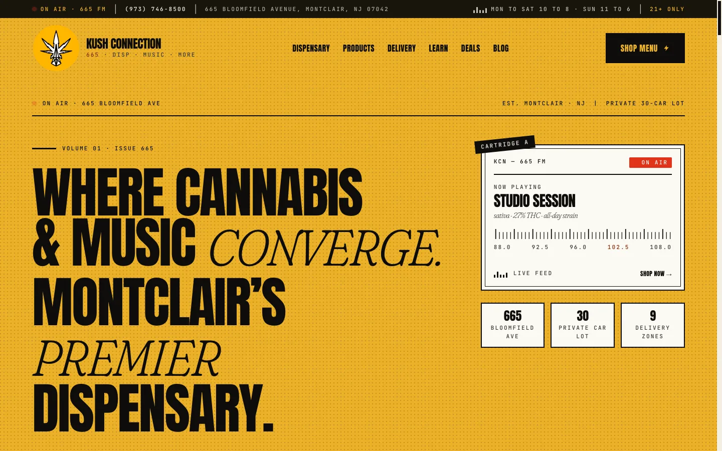 Kush Connection website: The homepage: a yellow radio-station hero with a live FM-dial widget and stat tiles for the lot, the address and the delivery zones