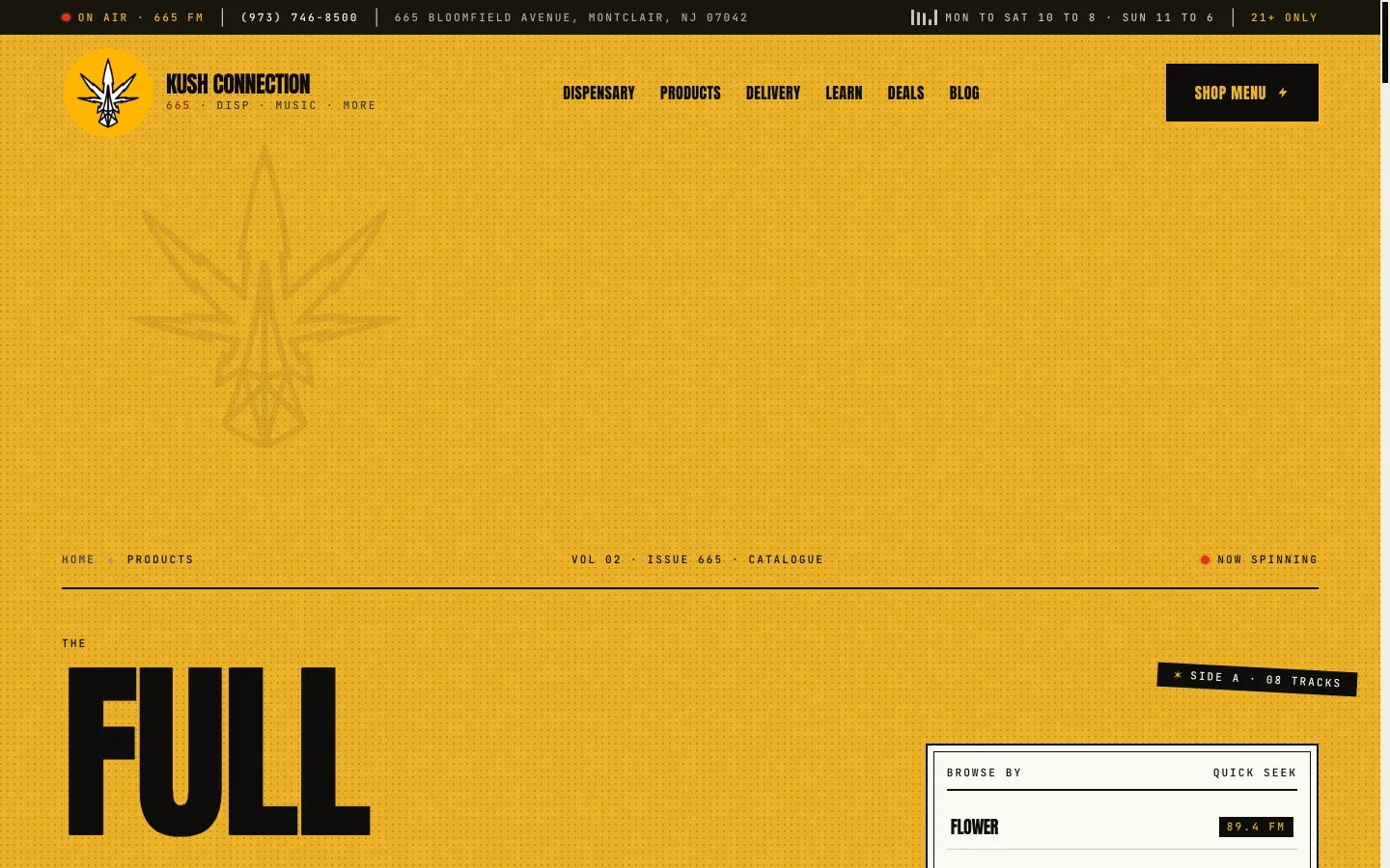 Kush Connection website: The catalogue, styled as a record sleeve: category browsing that opens on Flower, tuned to '89.4 FM'