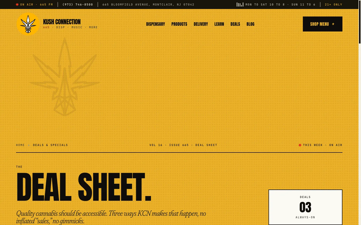 Kush Connection website: The Deal Sheet: honest, no-gimmick pricing copy instead of invented discount terms