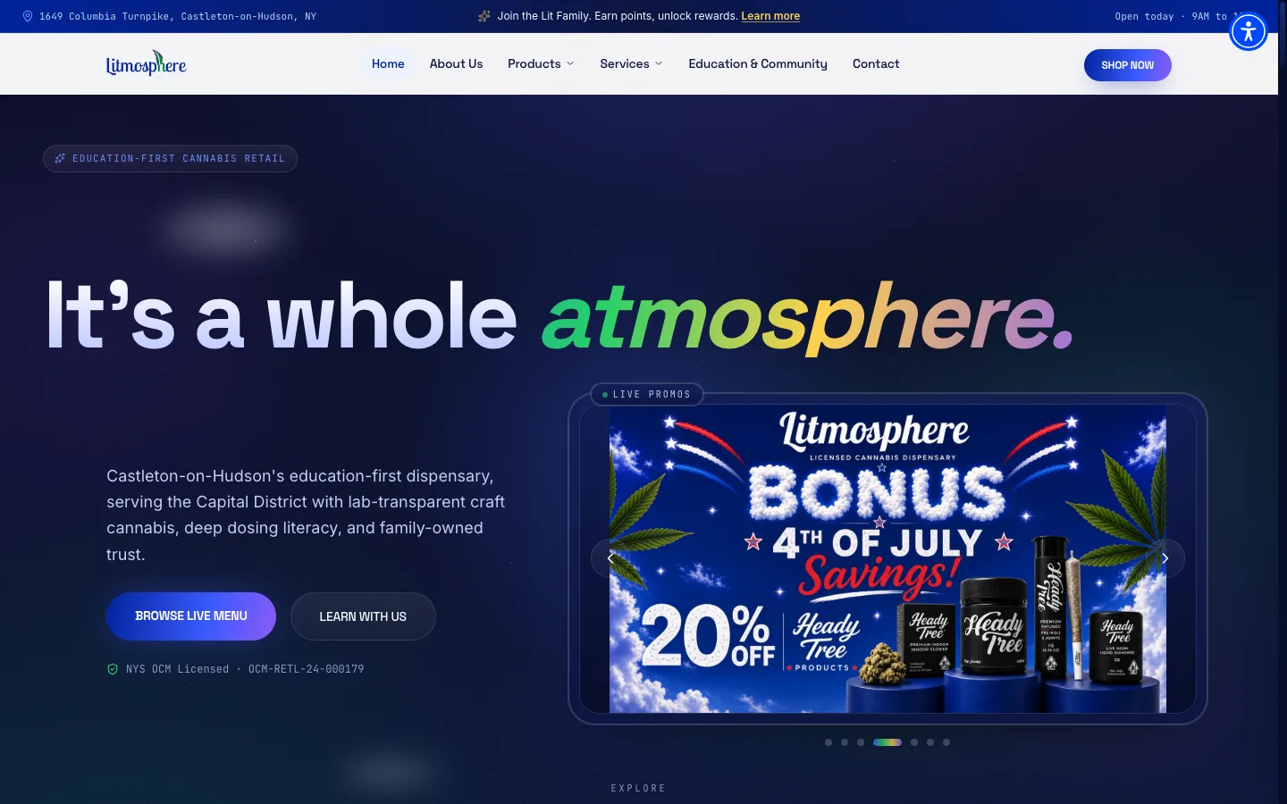Litmosphere website: The dark cosmic hero, with a gradient 'atmosphere' headline and a live promo carousel card