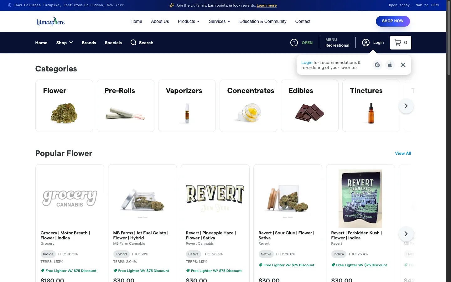 Litmosphere website: The live branded menu, with category tiles and THC and terpene percentages on every popular-flower card