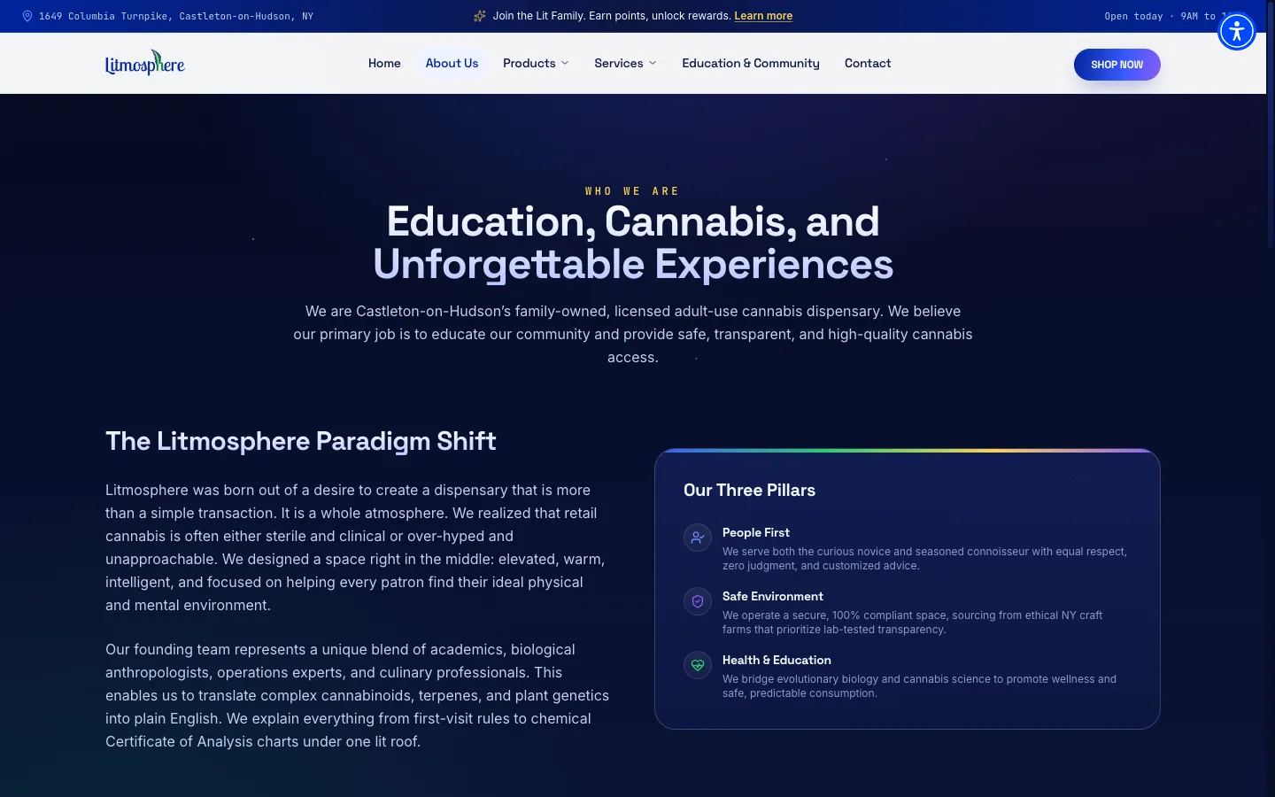 Litmosphere website: The About page: family-owned, New York-licensed, education-first positioning