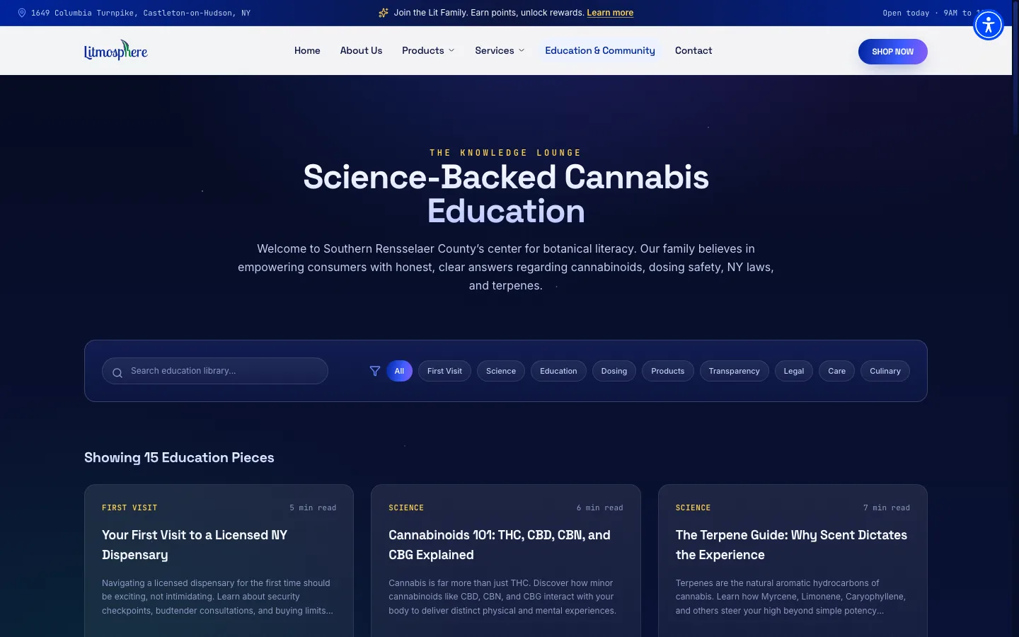 Litmosphere website: The Education and Community hub, with learning guides, budtender Q&A and local events