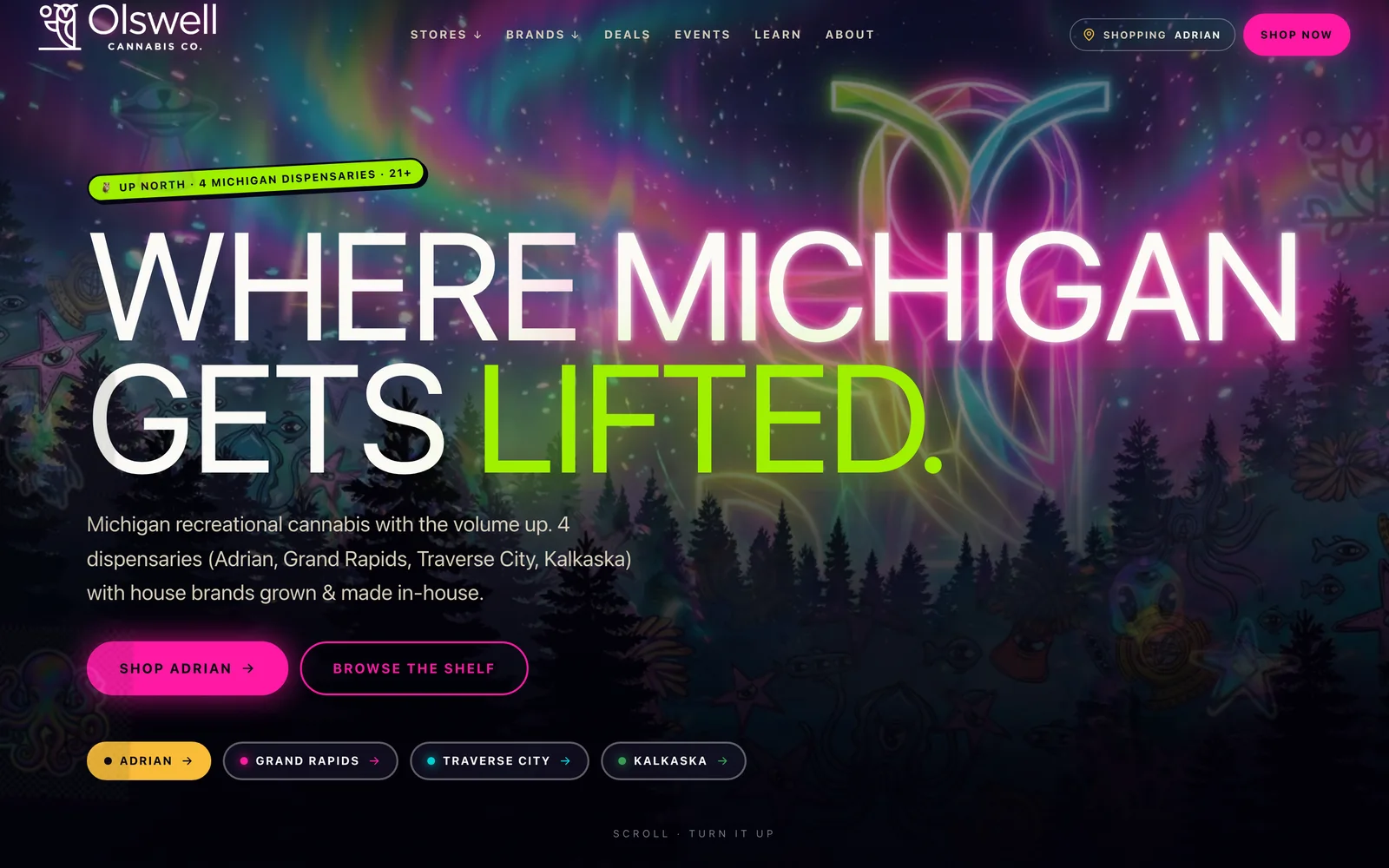 Olswell Cannabis Co. website — Which Olswell are you shopping — the store-picker entrance
