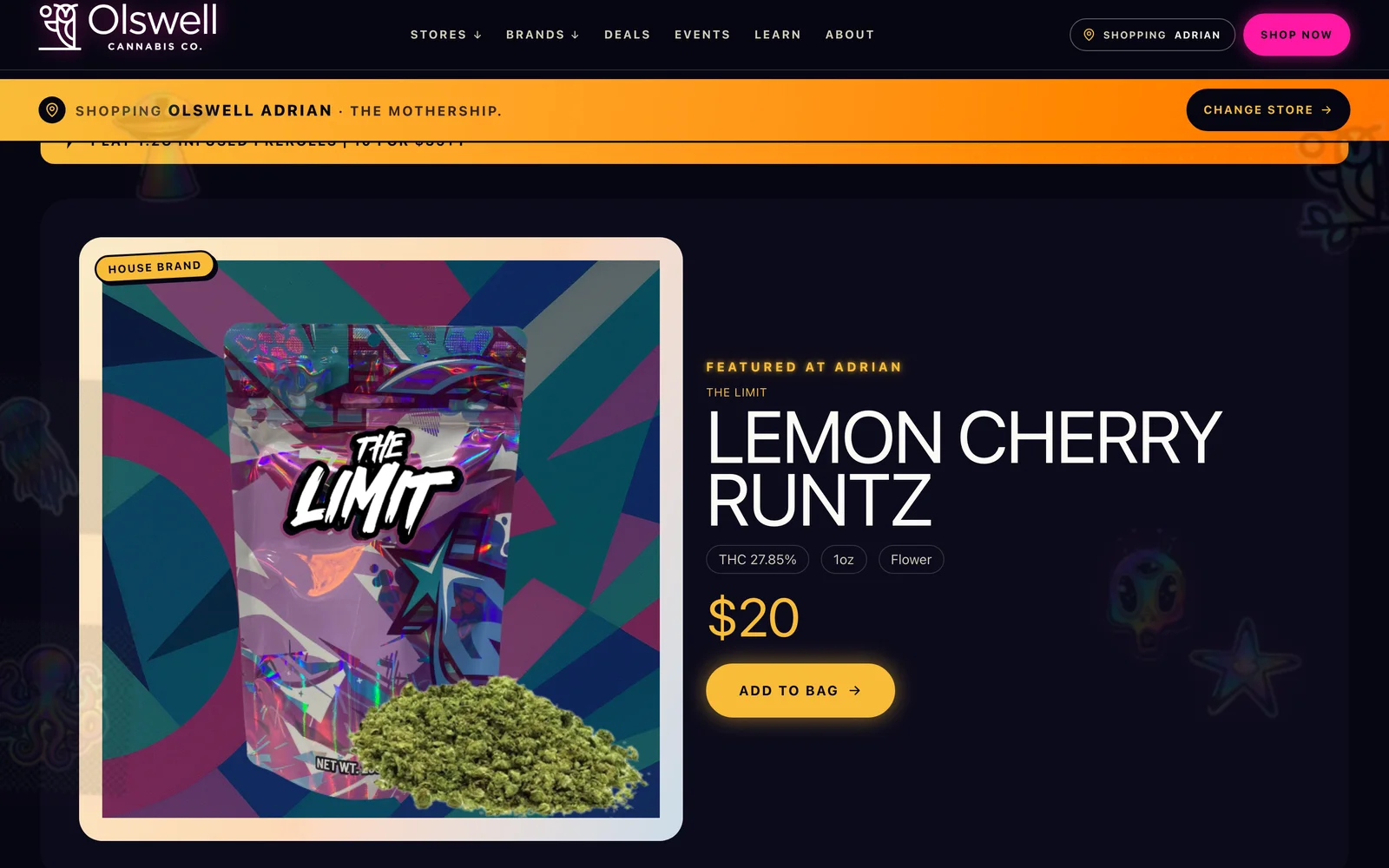 Olswell Cannabis Co. website — Store-aware shelf — deals and drops that change per market