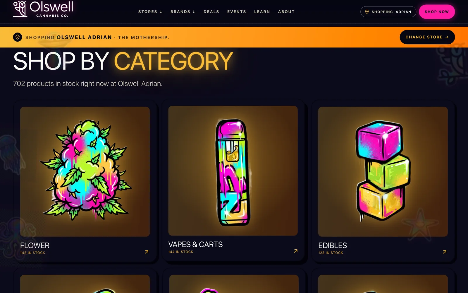 Olswell Cannabis Co. website — The brand world — magenta neon and up-north character