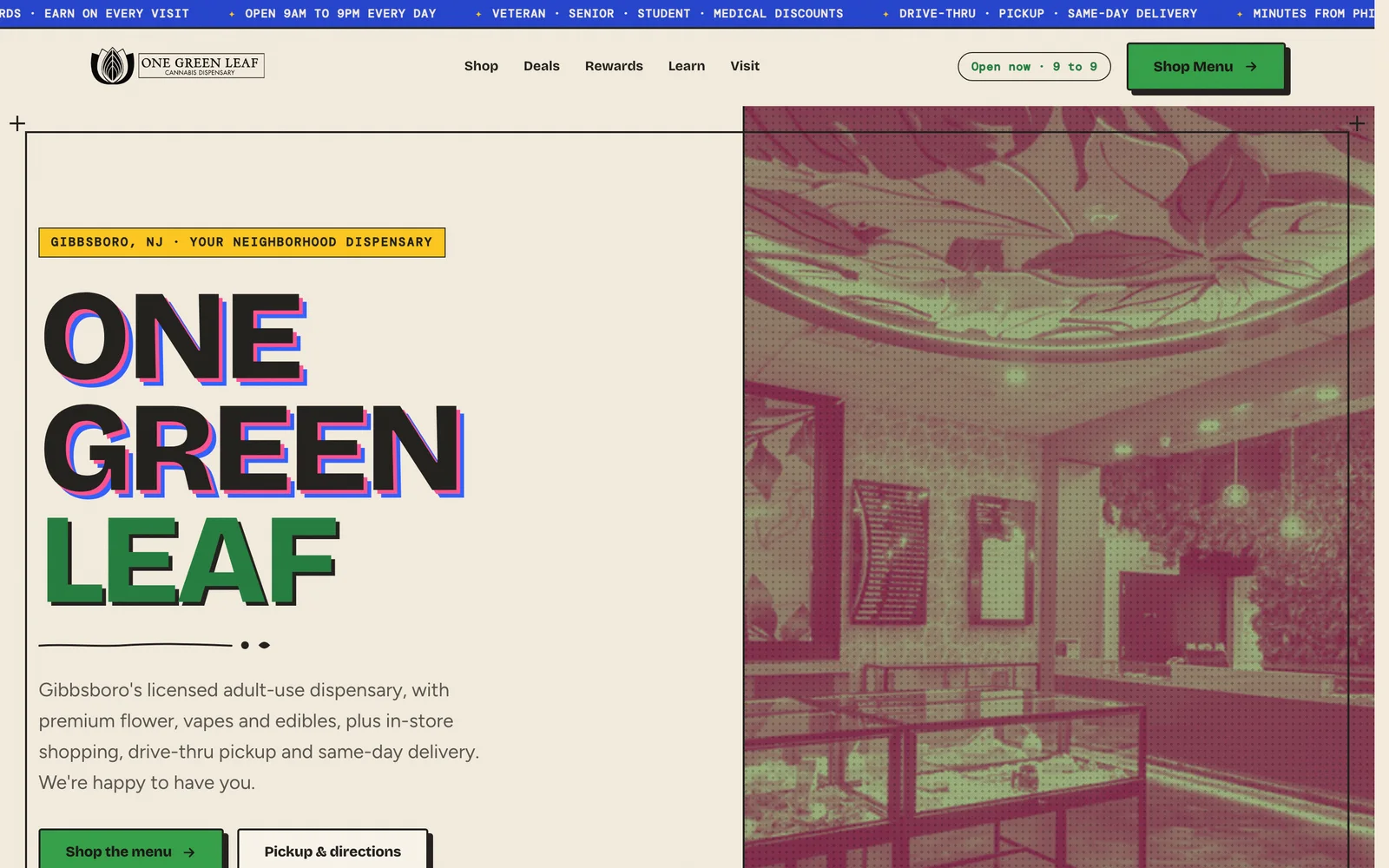 One Green Leaf website — The entrance — chromatic-offset display type over the real sales floor