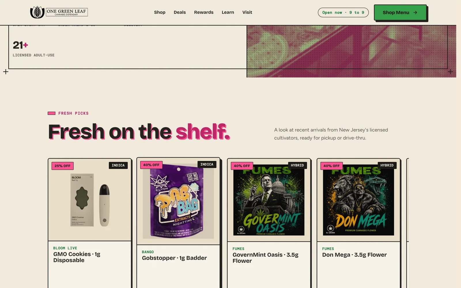 One Green Leaf website — Find your perfect leaf — the category system as an editorial spread