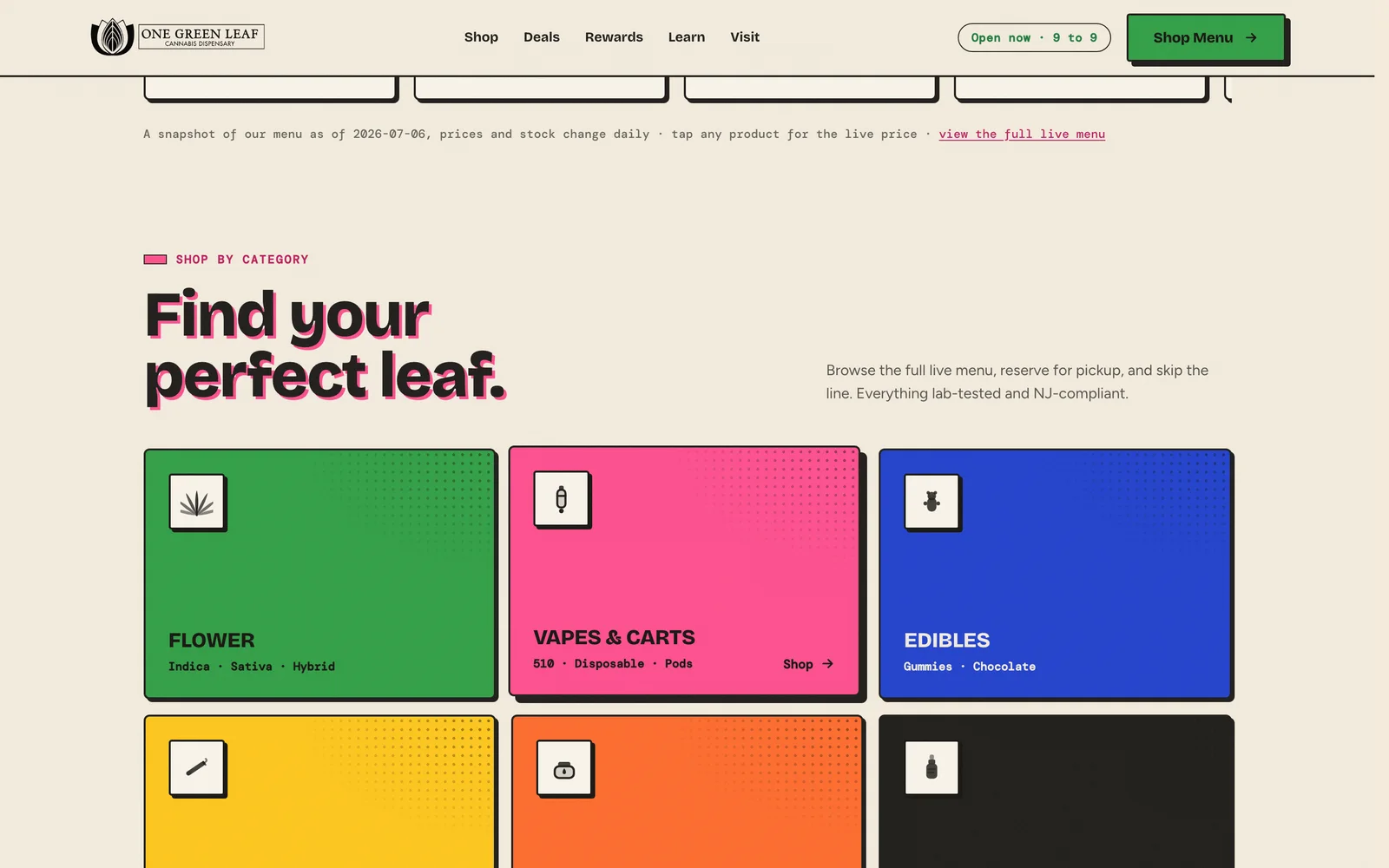 One Green Leaf website — This week's value — deals merchandised like a print campaign