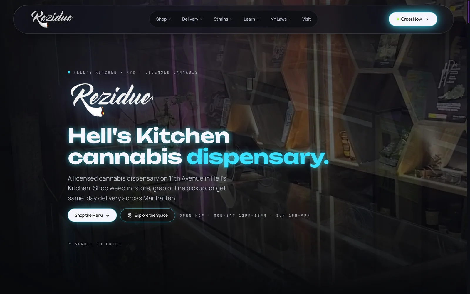 Rezidue website — The entrance — a room built to glow, in cyan and violet neon