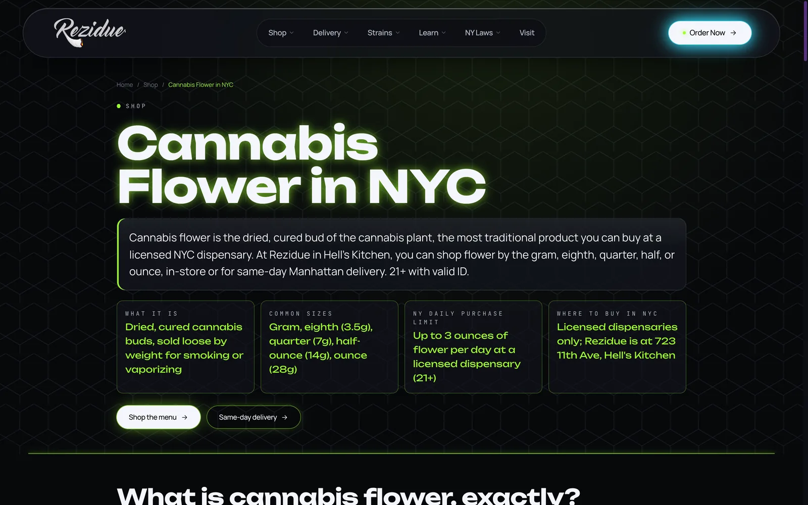 Rezidue website — Shop by category — the menu, designed as a guided experience
