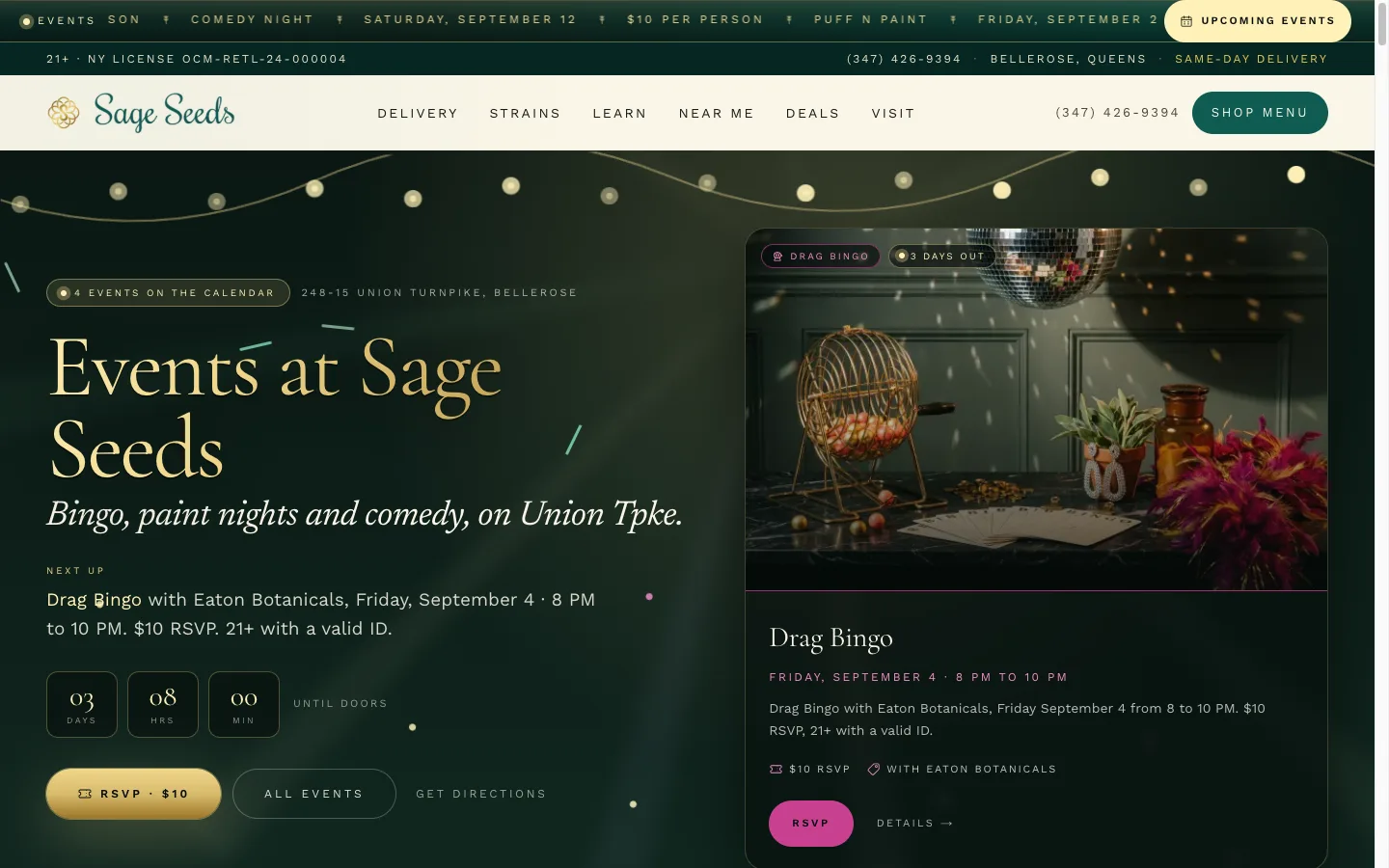 Sage Seeds website: A dark-green events hero with a live countdown to the next in-store event and a scrolling events ticker in the header