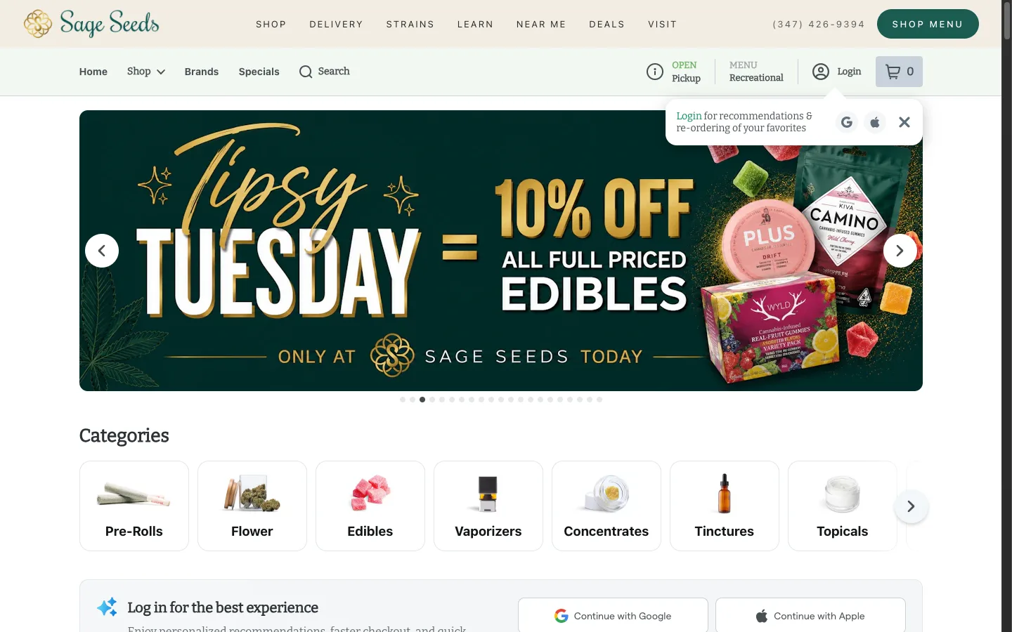 Sage Seeds website: The branded Dutchie storefront, re-skinned in the shop's own chrome, with a live promo banner and category tiles for every product type