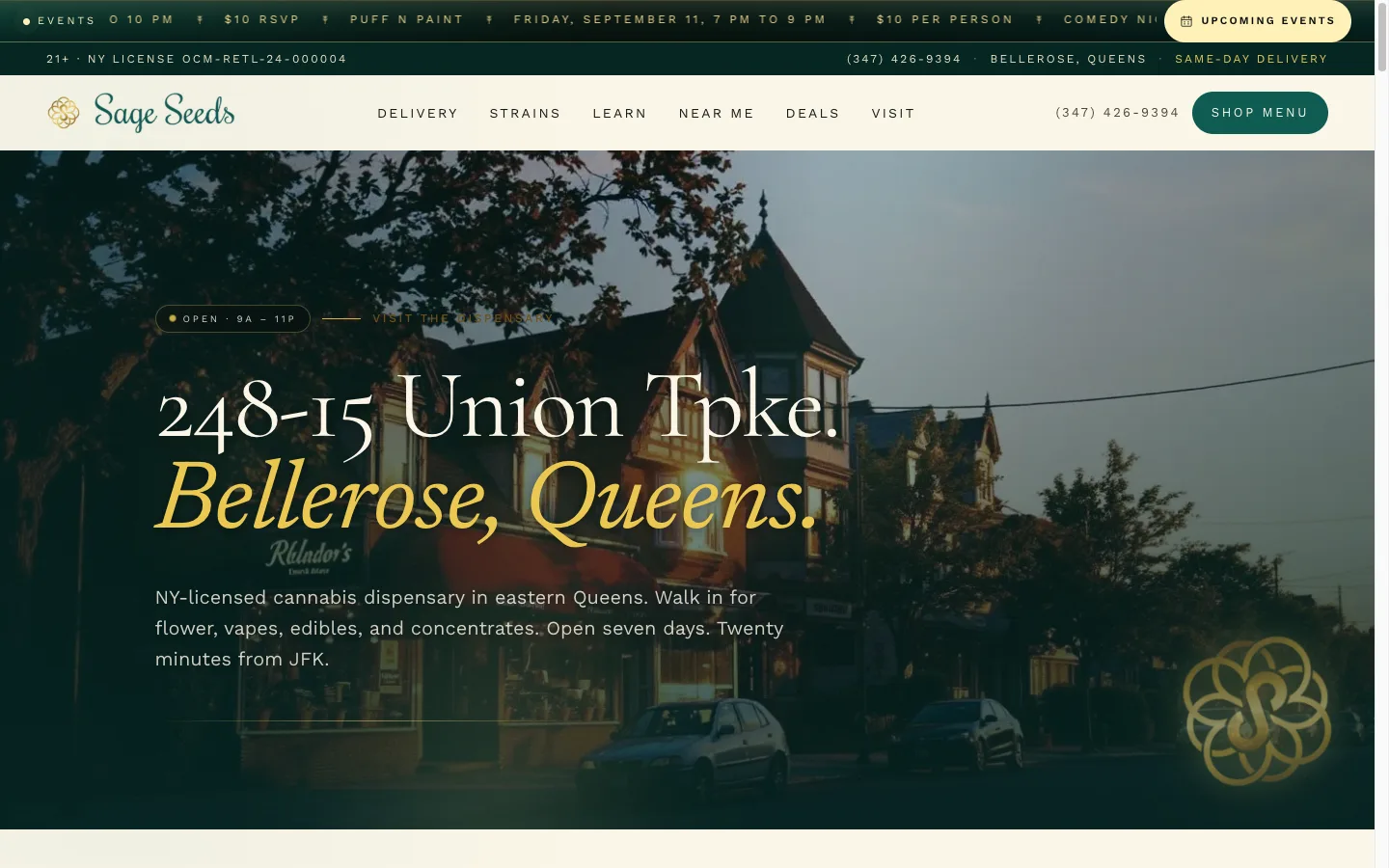 Sage Seeds website: The storefront page at 248-15 Union Turnpike, Bellerose, with a live open-hours status pill