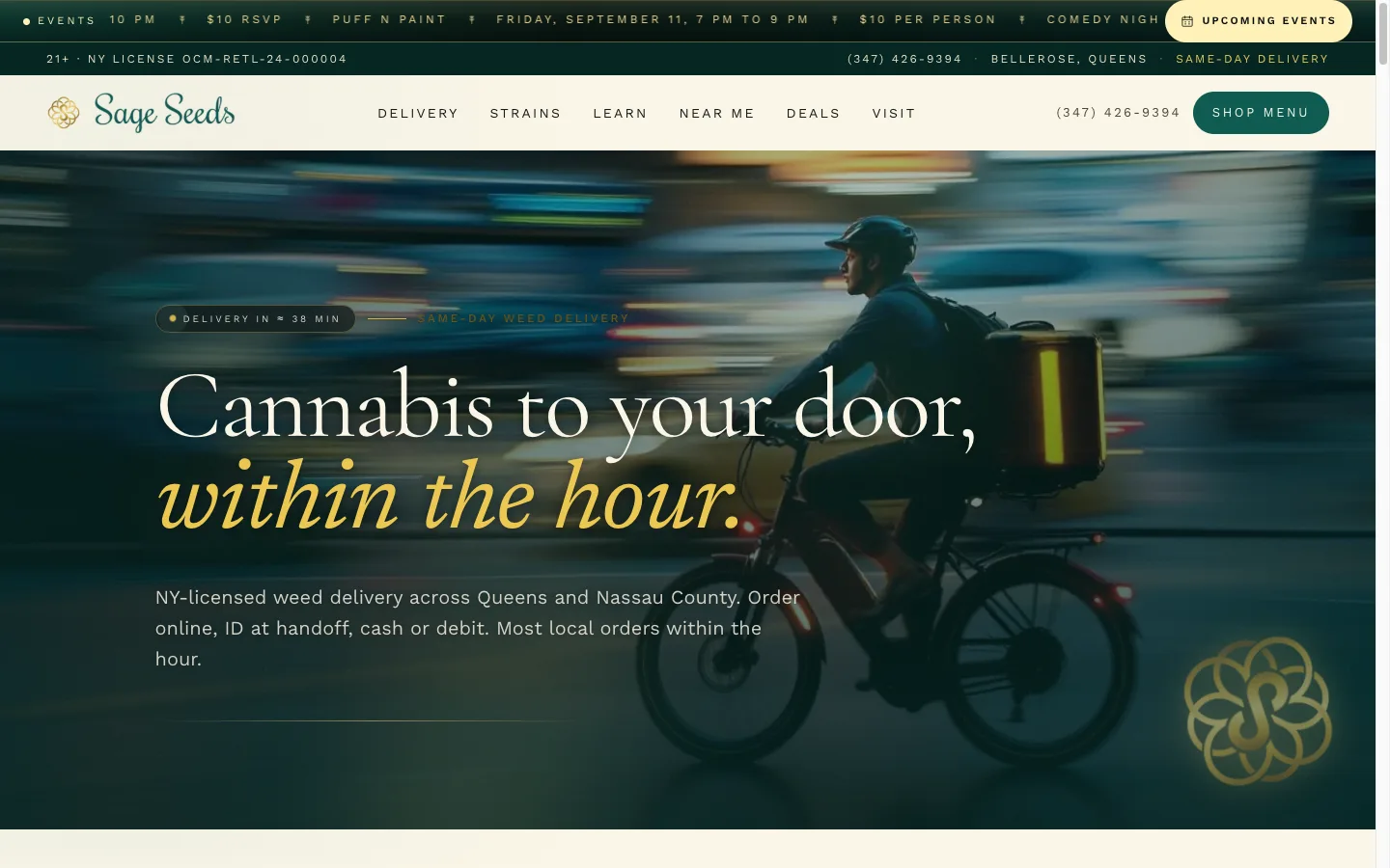 Sage Seeds website: The delivery page, with a live ETA pill counting down the next hand-off across Queens and Nassau