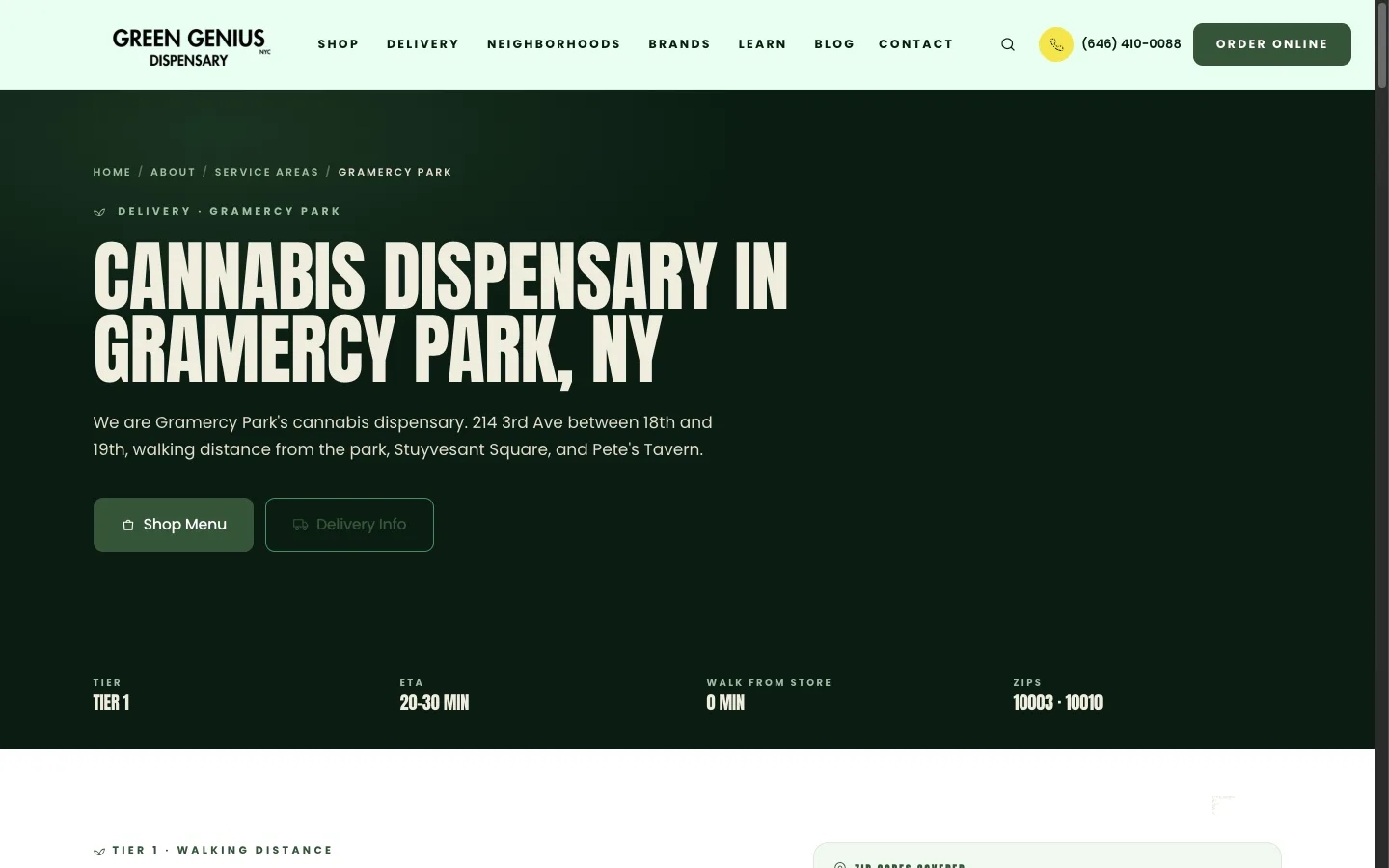 greengeniusnyc.com Gramercy Park service-area page rendered as captured for the evidence file
