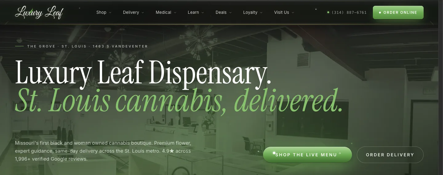 luxuryleafstl.com homepage rendered under evidence glass