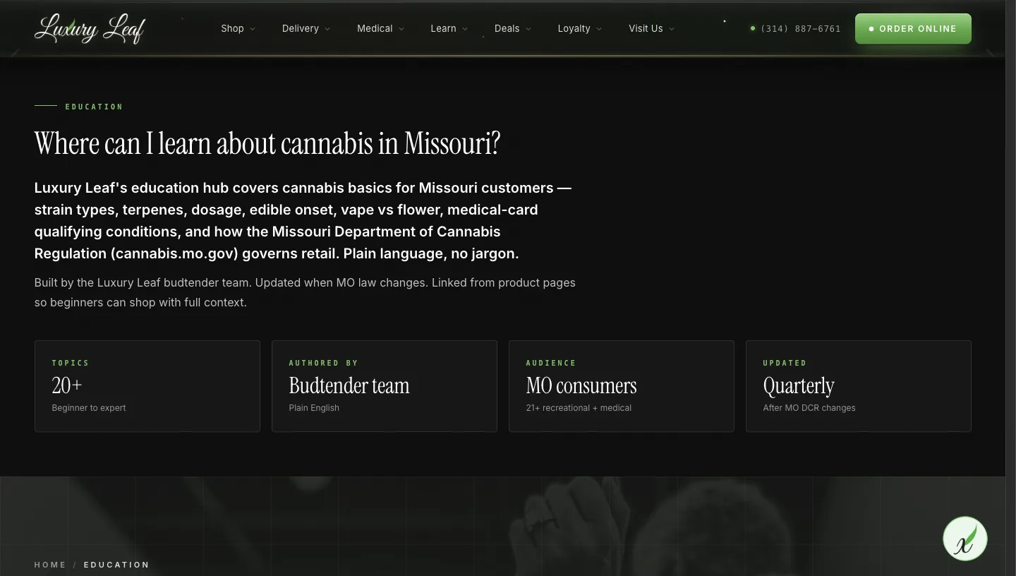 luxuryleafstl.com education page rendered under evidence glass