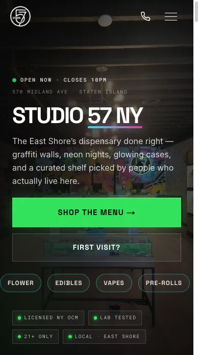 studio57ny.com homepage rendered on the 390 pixel phone canvas