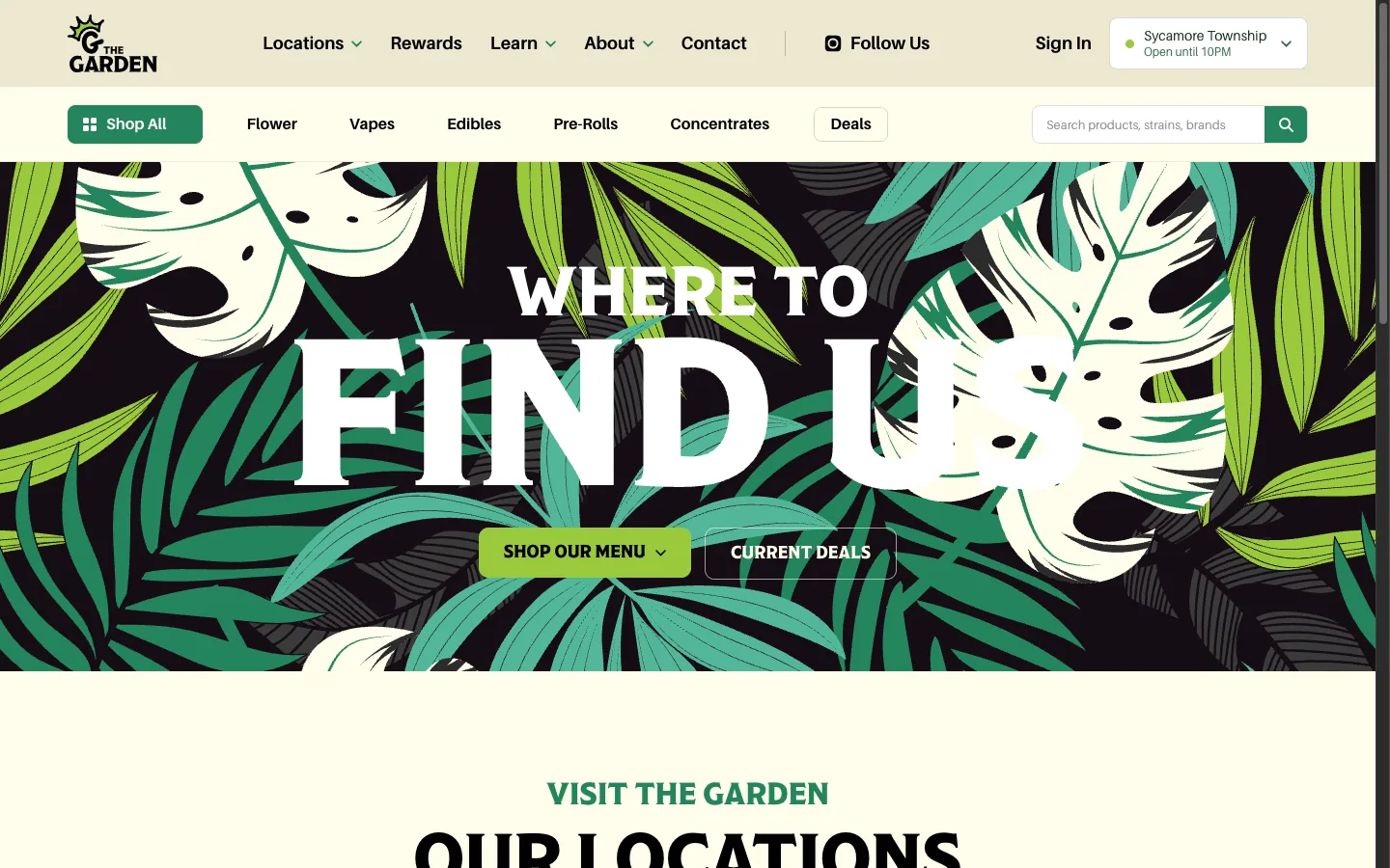 The Garden Dispensary website: The locations page: a tropical monstera-leaf hero leading into Camp Washington and Sycamore Township