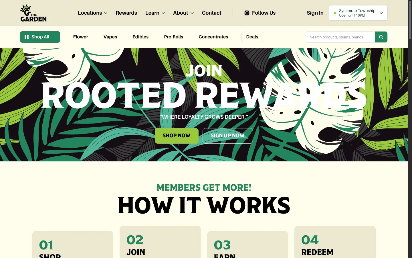 The Garden Dispensary website: The Rooted Rewards page: a named loyalty program with a numbered Shop, Join, Earn, Redeem flow