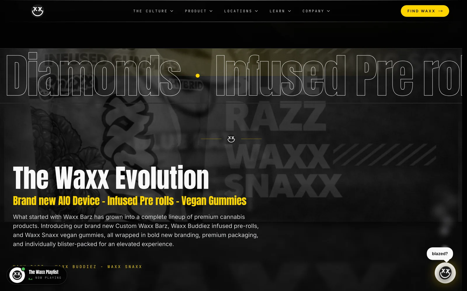 Waxx Brandz website — The Waxx Evolution — kinetic wordmark walls in motion